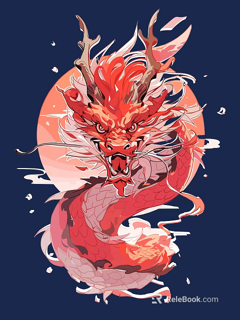 Red Dragon Themed Wall Decor with Traditional Oriental Moon Design for Home Decoration 3d model 