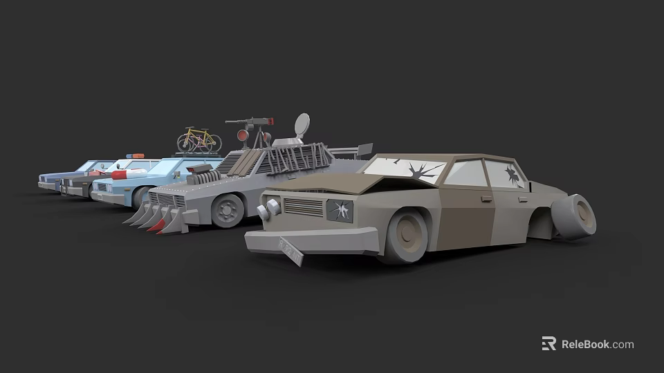 Vintage Modified Cars In A Row With Broken Parts And Accessories 3d model 