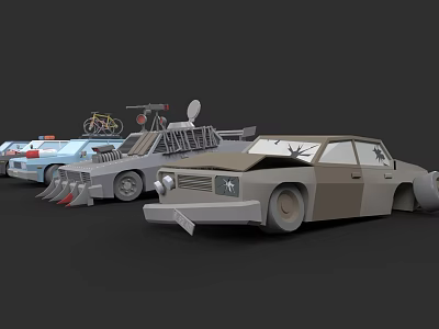 Vintage Modified Cars In A Row With Broken Parts And Accessories 3d model