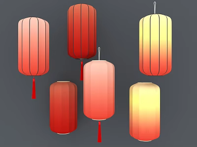 Colorful Cylindrical Lanterns With Red Orange Yellow Gradient And Tassels Hanging 3d model