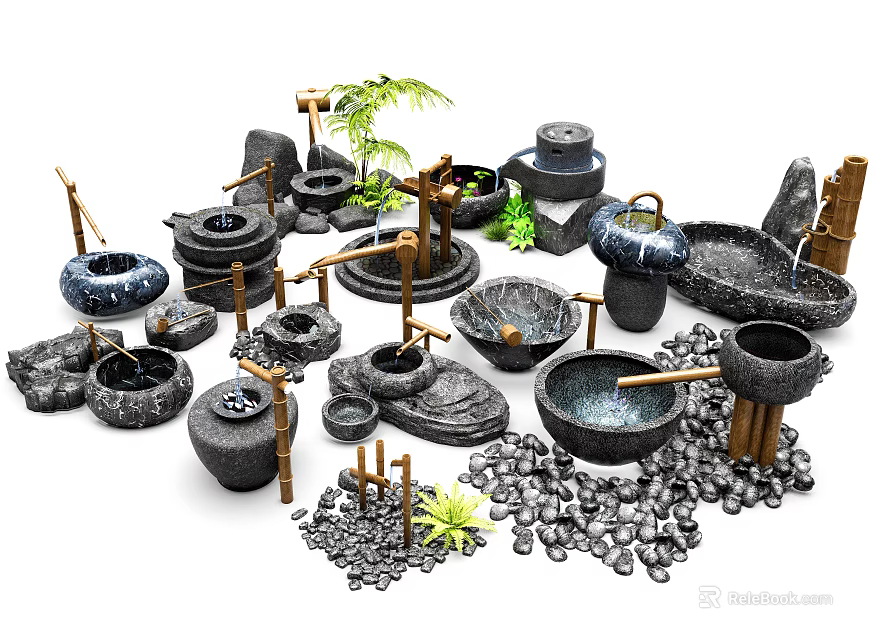 Traditional Garden Ornaments With Stone Basins Bamboo Tubes Pebbles And Small Plants 3d model 