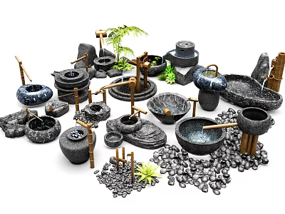 Traditional Garden Ornaments With Stone Basins Bamboo Tubes Pebbles And Small Plants 3d model