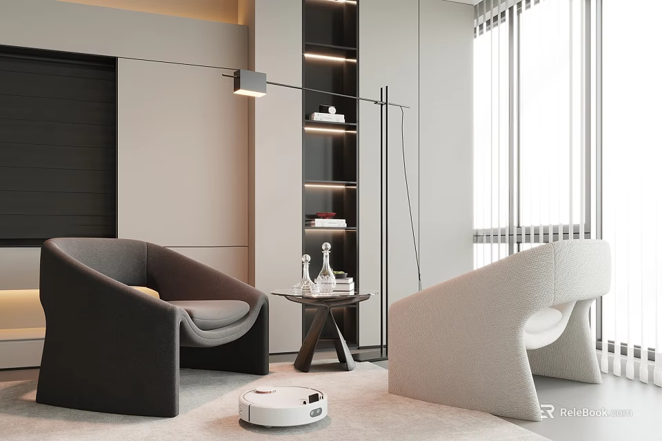 Black And Beige Modern Accent Chairs With Coffee Table Floor Lamp And Bookshelf In Living Space 3d model 