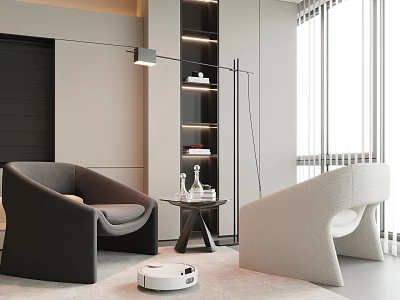 Black And Beige Modern Accent Chairs With Coffee Table Floor Lamp And Bookshelf In Living Space 3d model