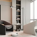 Black And Beige Modern Accent Chairs With Coffee Table Floor Lamp And Bookshelf In Living Space