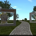 Scenic Park Landscape With Chinese Ancient Legal Stories Displays Stone Path Green Grass And Trees