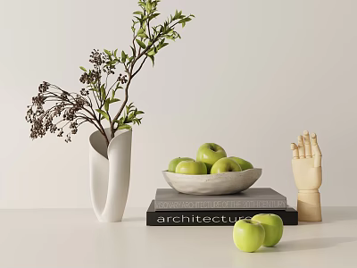 Decorative Ornament Set with White Vase Branches Bowl Green Apples Books and Wooden Hand Model 3d model