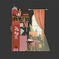 Cartoon Style Room Scene With Red Bookshelf Desk Chair And Decorative Items