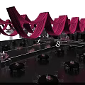Elegant Event Stage With Pink Drapes Chandeliers And Flower Decorated Tables