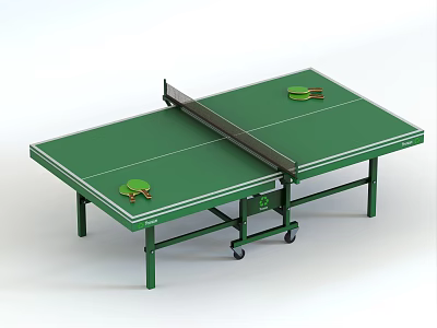 Green Table Tennis Table with Net Paddles Balls and Wheeled Frame 3d model