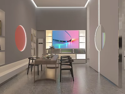 Modern Showroom Interior With Display Counter Tables Chairs And Circular Wall Lighting 3d model