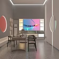Modern Showroom Interior With Display Counter Tables Chairs And Circular Wall Lighting