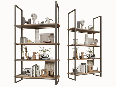 Modern Open Double Bookcase With Metal Frame Wooden Shelves Decorative Vases Books And Plants 3d model