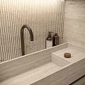 Modern Bathroom Interior With Large Mirror Double Sink Stone Walls And Cabinets