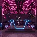 Purple Pink Neon Lit Bar with Wavy Backdrop Wall Sofa Seats and White Tables Stage