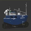 Blue BCK 33 Boat With Deck Railing And Upper Structure