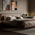 Modern Bedroom Interior With Wooden Bed Frame Artworks Nightstand Table Lamp And Window Curtains Rug