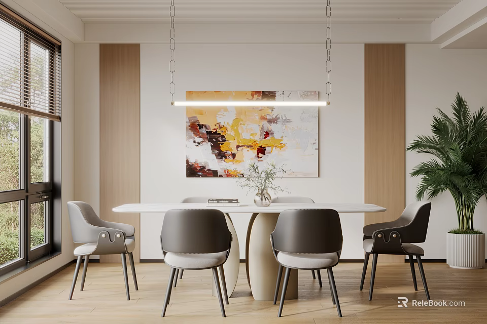 Modern Dining Room Interior With Round Table Chairs Abstract Art Hanging Light And Green Plant 3d model 