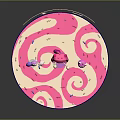 Child singing with music notes and cute animals on round pink spiral platform