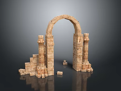 Ancient Stone Arch Scenic Ruins With Weathered Pillars And Scattered Stone Blocks 3d model