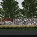 Stone Feature Wall With Trees Lawn Shrubs And P Granda Sign 3d model
