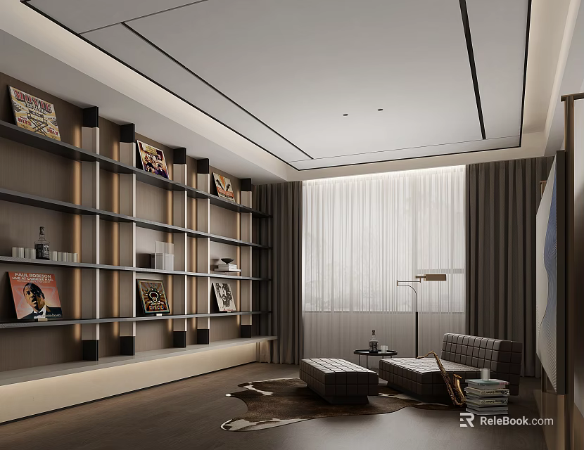 Modern Living Room with Bookshelves Books Decorations Large Window Curtains Floor Lamp Chair And Rug 3d model 
