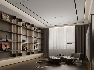 Modern Living Room with Bookshelves Books Decorations Large Window Curtains Floor Lamp Chair And Rug 3d model