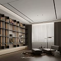 Modern Living Room with Bookshelves Books Decorations Large Window Curtains Floor Lamp Chair And Rug