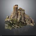 Wooden Stone Castle Model on Mountain Landscape With Green Vegetation Details