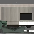 Modern Minimalist Living Room With Green Accent Armchair Marble Coffee Table And Wall Mounted Television