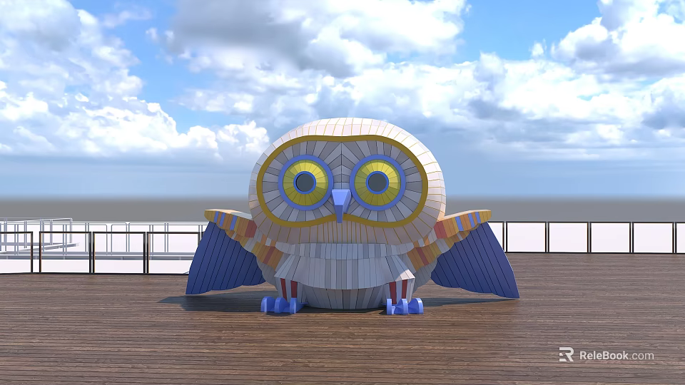 Large Colorful Cartoon Owl on Wooden Platform With Blue Sky White Clouds and Railing 3d model 