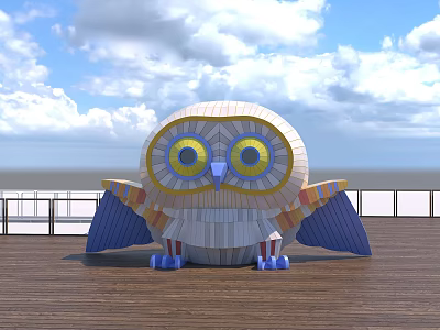 Large Colorful Cartoon Owl on Wooden Platform With Blue Sky White Clouds and Railing 3d model