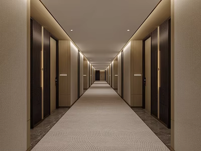Modern Hotel Corridor Design With Long Dark Wooden Doors Light Carpet And Ceiling Lighting 3d model