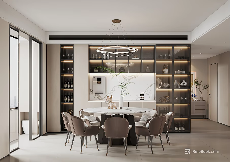 Modern Restaurant Interior With Round Marble Dining Table Beige Chairs Pendant Light And Wine Cabinet 3d model 