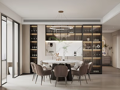 Modern Restaurant Interior With Round Marble Dining Table Beige Chairs Pendant Light And Wine Cabinet 3d model