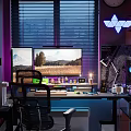 Modern Entertainment Room Setup With Dual Monitors Neon Lights Blinds And Comfortable Chair