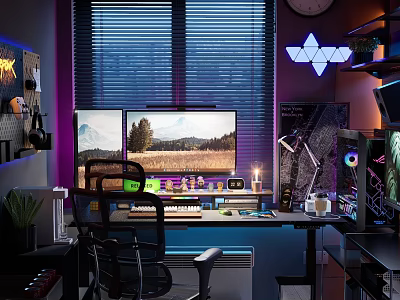 Modern Entertainment Room Setup With Dual Monitors Neon Lights Blinds And Comfortable Chair 3d model