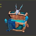 Household Decorative Orange Wooden Chest With Blue Flame Skull Glowing Interior And Blue Fabric Gems