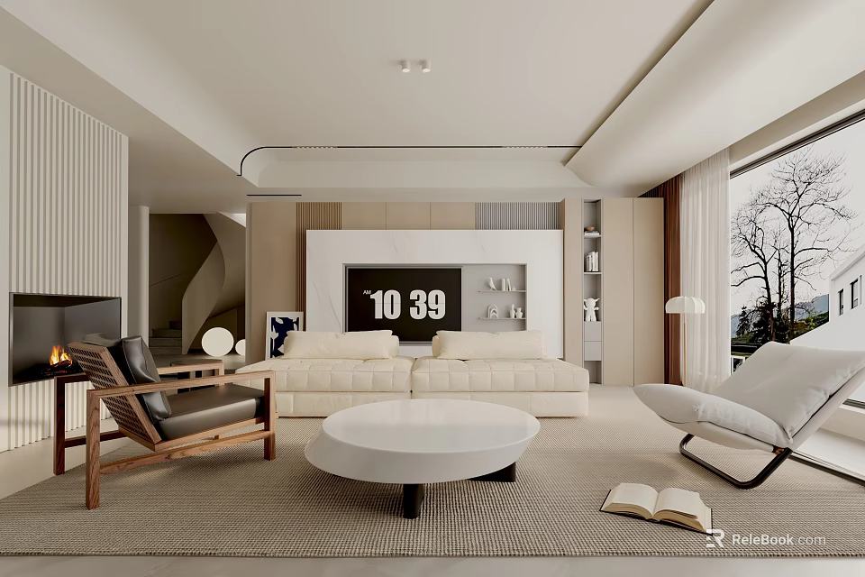Modern Living Room With White Sofa Round Coffee Table Black Leather Chair And Digital Clock 3d model 