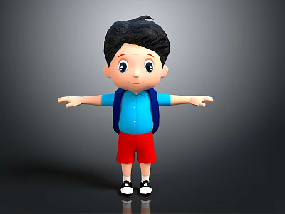 Cartoon Boy with Black Short Hair Blue Shirt Red Shorts Blue Backpack and Arms Outstretched 3d model