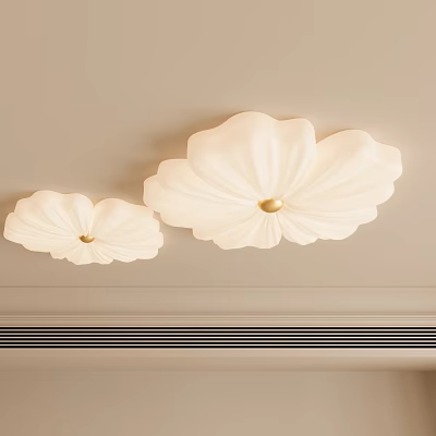Two Modern White Flower Shaped Chandeliers With Golden Center Ceiling Mounted 3d model