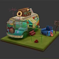 Colorful Camper Van Scene With Roof Luggage Lifebuoy Blue Sofa Guitar Love Sign And Campfire