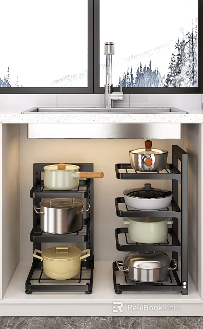Kitchen Cookware Storage Rack With Various Pots 3d model 