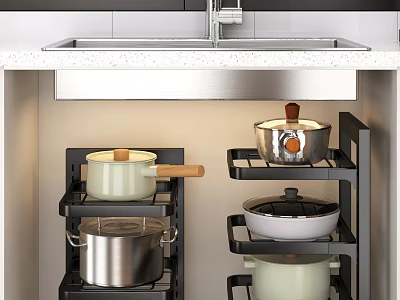 Kitchen Cookware Storage Rack With Various Pots 3d model
