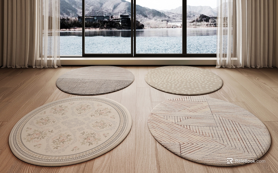 Stylish Patterned Round Rugs In Interior With Wooden Floor Lake Mountain View And White Curtains 3d model 