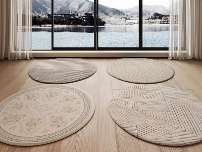 Stylish Patterned Round Rugs In Interior With Wooden Floor Lake Mountain View And White Curtains 3d model