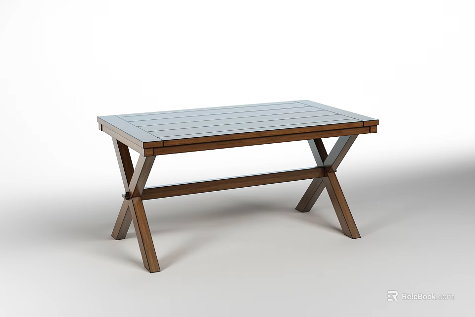 Wooden Dining Table With Cross Legs And Light Gray Tabletop Design 3d model 