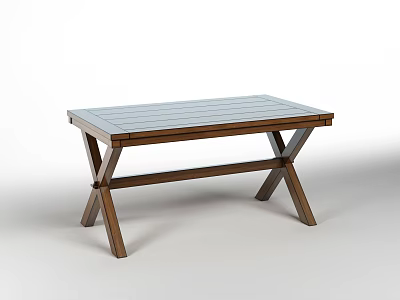 Wooden Dining Table With Cross Legs And Light Gray Tabletop Design 3d model