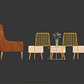 Tufted Orange Sofa And Round Glass Coffee Table Set With Beige Stools Gold Mesh Chairs