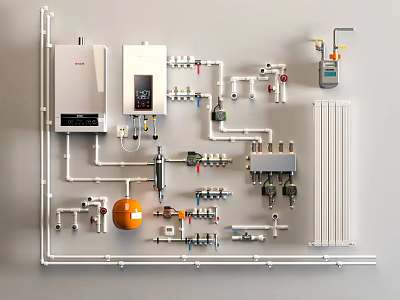 Modern Household Appliances Setup With Water Heater Piping System Radiator And Control Panel 3d model